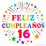 Imagen animada para felicitar los 16 años con letras de colores y diseño festivo.