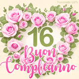 GIF per il 16° compleanno con un cuore di rose rosa e scritta elegante