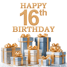 Festive animated eCard with elegant 'Happy 16th Birthday' text above a pile of luxurious blue, white, and gold gift boxes and presents.