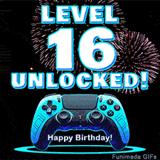 Animated GIF for a 16 birthday. The text 'Level 16 Unlocked!' and 'Happy Birthday!' are displayed over a blue video game controller with exploding fireworks in the background.