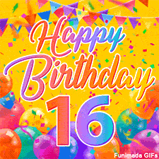 A bright and colorful animation for a 16th birthday, The greeting is set against a yellow backdrop with animated confetti, colorful bunting at the top, and balloons at the bottom.
