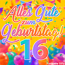 Eine festliche Animation zum 16. Geburtstag, Die Worte 'Alles Gute zum Geburtstag' und die Zahl '16' sind in einer bunten Schriftart gehalten, umgeben von Partyballons und Konfetti.