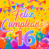 Un GIF animado para un 16º cumpleaños, Muestra el texto 'Feliz Cumpleaños 16' sobre un fondo amarillo vibrante con globos de colores, banderines y una lluvia de confeti.