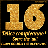 Un GIF animato per un 16° compleanno, Presenta il testo 'Buon Compleanno 16' su uno sfondo giallo vivo con palloncini colorati, festoni e una pioggia di coriandoli.