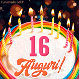 Un'animazione celebrativa di una torta di compleanno per i 16 anni, Le fiamme delle candeline tremolano e delle scintille brillano intorno, creando un'atmosfera festosa e magica.