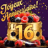 Une animation de célébration d'un gâteau de 16ème anniversaire, Des étoiles dorées tombent du ciel, mettant en valeur le texte 'Joyeux Anniversaire !' et le nombre doré 16 à l'avant du gâteau.