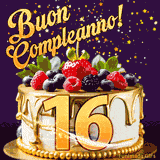 Un GIF animato di una bellissima torta per il 16° compleanno con glassa dorata e frutti di bosco freschi, Il numero dorato 16 è davanti, e stelle cadono su uno sfondo viola scuro.
