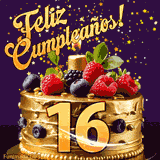 Una animación de celebración de una tarta para el 16º cumpleaños, Estrellas doradas caen del cielo, destacando el texto '¡Feliz Cumpleaños!' y el número dorado 16 en la tarta.