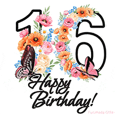 A floral 16th birthday animated greeting card. The number '16' is surrounded by animated flowers and butterflies, creating a beautiful and cheerful way to celebrate the milestone.