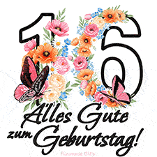 Ein florales GIF zum 16. Geburtstag. Die Zahl '16' ist von animierten Blumen und Schmetterlingen umgeben und bietet eine schöne und fröhliche Art, den Meilenstein zu feiern.