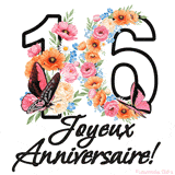 Ce GIF de Joyeux 16ème Anniversaire présente le nombre vingt rempli d'un bouquet vibrant de fleurs animées, avec des papillons qui bougent doucement sur un fond blanc.