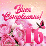 Immagine animata per il sedicesimo compleanno con GIF di rose rosa, farfalla elegante e scritte di auguri tra riflessi e punti luce dorati.