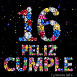 Brillantes joyas de colores conforman el número 16 y las letras de FELIZ CUMPLE, destacando frente a un fondo oscuro decorado con estrellas.