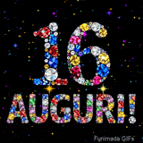 Immagine animata che mostra il numero 16 e Auguri in cristalli multicolori brillanti, circondati da piccole luci su uno sfondo scuro.