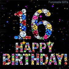 The digit 16 and Happy Birthday lettering created from glowing multicolored crystals, surrounded by tiny twinkling colored stars on a solid black background.