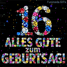 Die leuchtende Zahl 16 und der Schriftzug Alles Gute zum Geburtstag aus farbigen Diamanten vor einem schwarzen Hintergrund mit Glitzersternen.