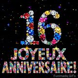 Image animée affichant le chiffre 16 et Joyeux Anniversaire en cristaux multicolores scintillants, entourés de petites lumières sur fond sombre.