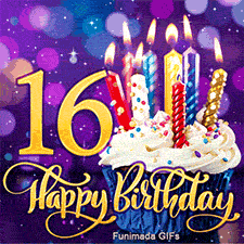 A blue-wrapped cupcake with burning candles next to a large gold number 16. Cursive Happy Birthday text is below against a purple bokeh backdrop.