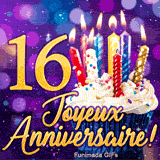 Animation Joyeux Anniversaire 16 ans représentant un gâteau féerique et le chiffre 16 doré avec effets de lumière.