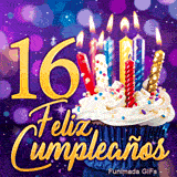Animación de Feliz Cumpleaños 16 años representando una tarta mágica y el número 16 dorado con luces brillantes.