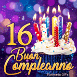 Animazione di Buon Compleanno 16 anni rappresentante una tortina magica e il numero 16 dorato con luci brillanti.