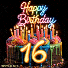 Revolving colorful birthday cake GIF with glowing neon Happy Birthday topper, lit candles, and glowing yellow number 16.