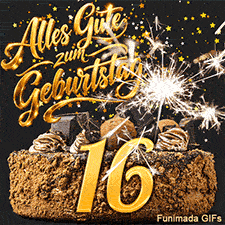 Eine sprühende Wunderkerze zieht die Blicke auf diese Torte mit der 16. Oben steht Alles Gute zum Geburtstag, umgeben von fliegenden Goldsternen.