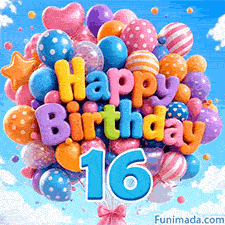 Animated floating bouquet of vivid balloons spelling Happy Birthday. A large blue digit 16 is tied to the strings under a bright cloudy sky.