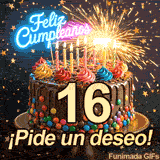 Confeti de estrellas desciende sobre un bizcocho con el número 16. Una bengala arde con fuerza iluminando el mensaje ¡Pide un deseo! en letras claras.