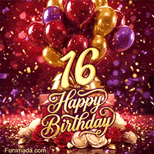 Floating balloons presents and flowers surround the large golden 16 as Happy Birthday lettering and sparkling confetti create a lively birthday animation
