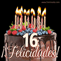 Feliz 16 cumpleaños pastel de chocolate. Imagen (GIF) con pastel y saludo.
