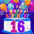 16th Birthday Cake gif: colorful candles, balloons, confetti and number 16