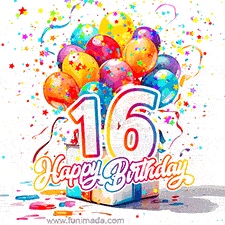 A festive birthday age GIF with animated star confetti, colorful balloons, and a gift box with the number 16. The text reads 'Happy Birthday'.