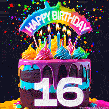 Chocolate cake with cyan layers, pink dressing and a big number 16 adorned with vibrant multicolored frosting, lit candles, and a rainbow topper with text that says 'Happy Birthday'. Animated colorful confetti move behind the cake.