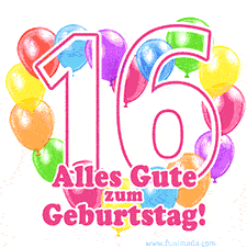 Ein verspieltes animiertes Geburtstags-GIF mit bunten Ballons in Herzform und der Zahl 16.