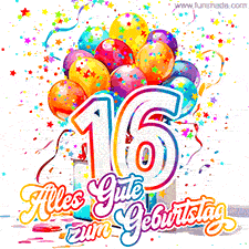 Ein lebendiges Geburtstags-GIF mit bunten Ballons, animiertem Konfetti, der Zahl 16 und den Worten 'Alles Gute zum Geburtstag' in dekorativer Schriftart.