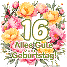 Ein elegantes GIF mit einem Blumenkranz in zarten Tönen, der großen Zahl 16 und den Worten 'Alles Gute zum Geburtstag'.