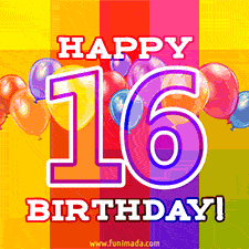 A colorful animated image for a 16th birthday, featuring moving up and down balloons, and the text 'Happy 16 Birthday'. The image has an animated striped background of warm-toned colors.