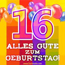 Große Zahl 35 in Umrissschrift, die Worte 'Alles Gute zum 16. Geburtstag', mehrfarbige animierte Ballons und lebendiger Hintergrund.