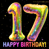 Shiny number 17 birthday celebration balloons with an iridescent glow and glitter on a black background with twinkling stars.