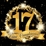 Il numero 17 è circondato da un anello dorato brillante, accompagnato da un nastro elegante con la scritta 'Buon Compleanno!' su uno sfondo scuro.