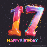 A vibrant age-specific birthday short animation displays the number '17' in shiny balloon-like letters with the words 'Happy Birthday' underneath. The dark background is punctuated with festive stars and balloons.