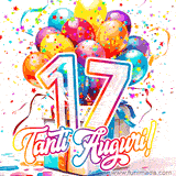 Animazione con palloncini colorati e scintillanti, accompagnata dal numero 17 in caratteri grandi e luminosi, e la scritta 'Tanti Auguri!' in stile vivace.