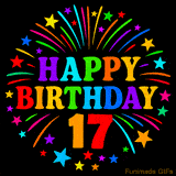 A birthday cake with lit candles is shown with colorful balloons and animated confetti.