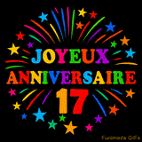 GIF animé 'Joyeux Anniversaire 17' avec des lettres colorées et des feux d'artifice éclatants