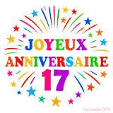 GIF animé joyeux anniversaire 17 ans avec étoiles multicolores et feu d’artifice