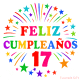 Imagen animada para felicitar los 17 años con letras de colores y diseño festivo.