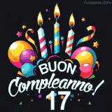 Augura buon compleanno ai 17 anni con questa GIF colorata e festosa: palloncini, stelle e candele per un augurio digitale indimenticabile