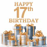 Festive animated eCard with elegant 'Happy 17th Birthday' text above a pile of luxurious blue, white, and gold gift boxes and presents.