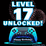Animated GIF for a 17 birthday. The text 'Level 17 Unlocked!' and 'Happy Birthday!' are displayed over a blue video game controller with exploding fireworks in the background.